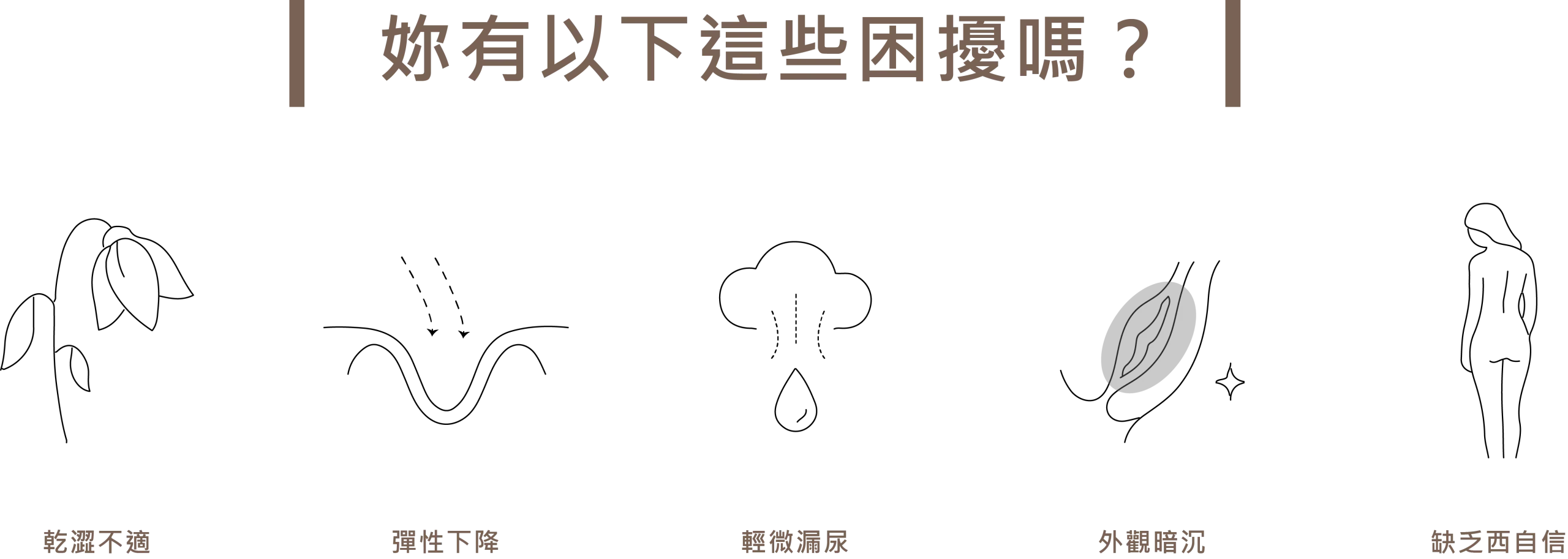 蝴蝶電波適合改善的五大私密處困擾圖示，包含：乾澀不適、彈性下降、輕微漏尿、外觀暗沉，以及缺乏自信。