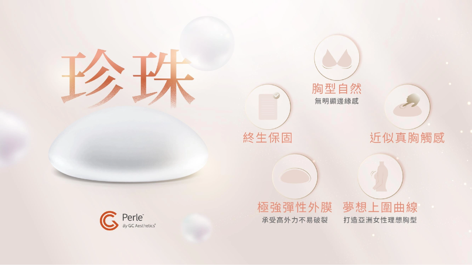 珍珠波 (Perle) 植體的五大特色圖示。包含終生保固、胸型自然無明顯邊緣感、近似真胸觸感、極強彈性外膜（能承受高外力不易破裂），以及能打造亞洲女性理想胸型的夢想上圍曲線。